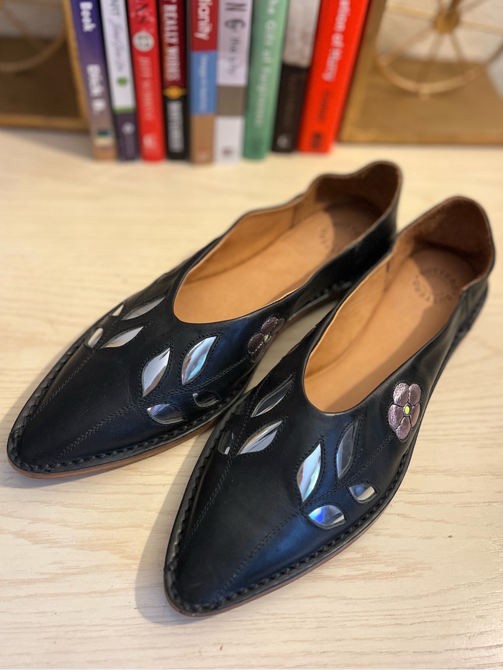 Black Floral Cutout Leather Flats